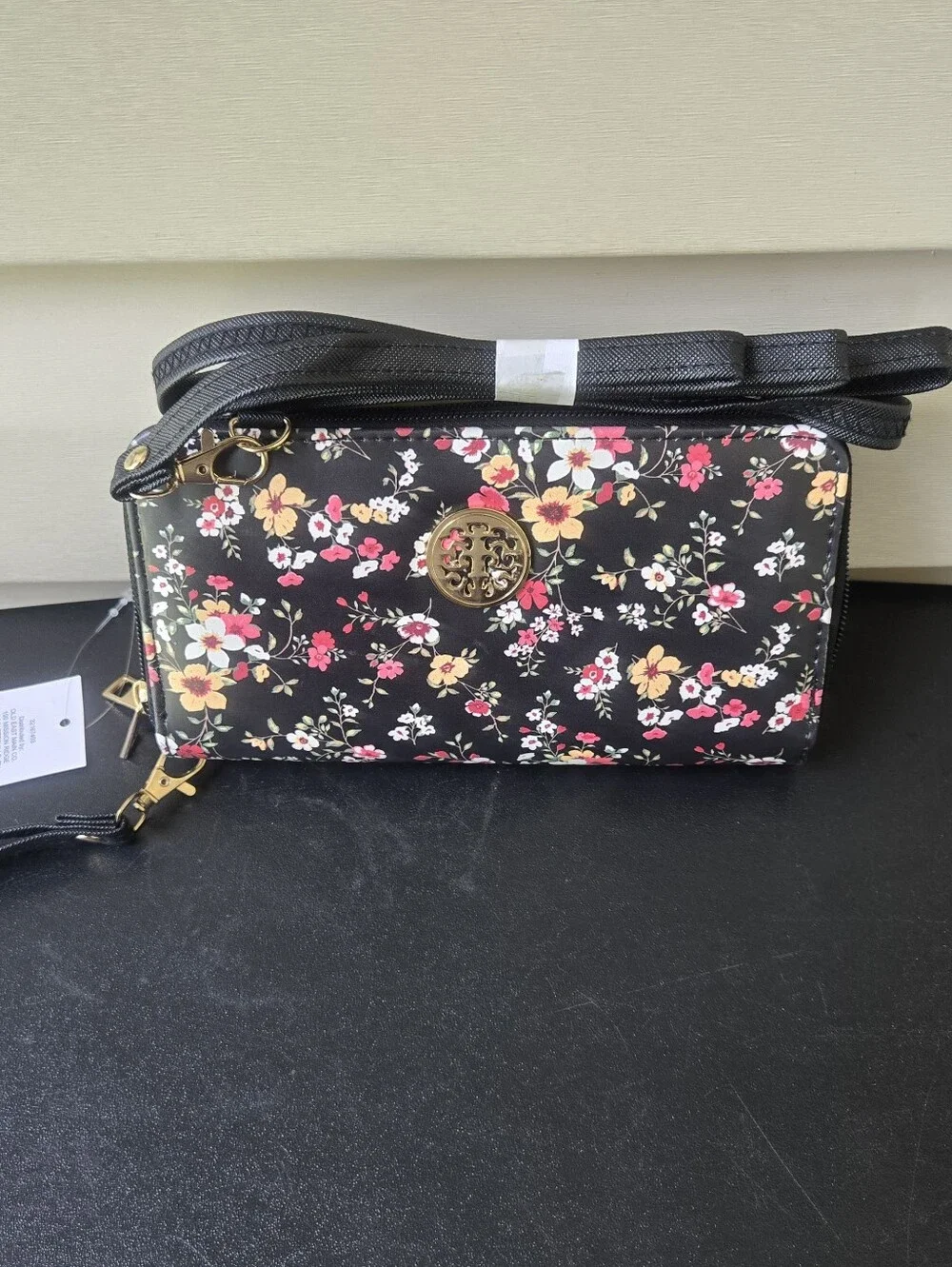 Black Floral Crossbody Bag with Gold Accent